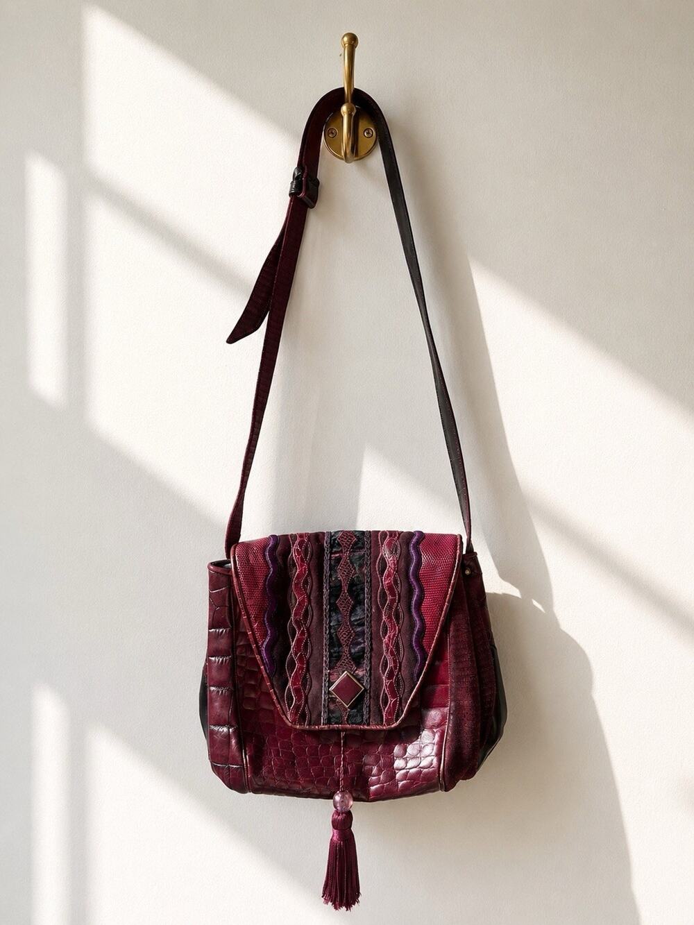 Accents by Sharif Patchwork Leather Suede Crossbody Purse Maroon Tassel Vintage